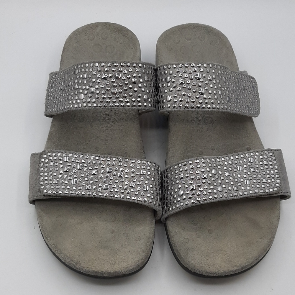 Vionic Samoa Orthotic Slides Size 7 Silver Studs Black Adjustable Straps